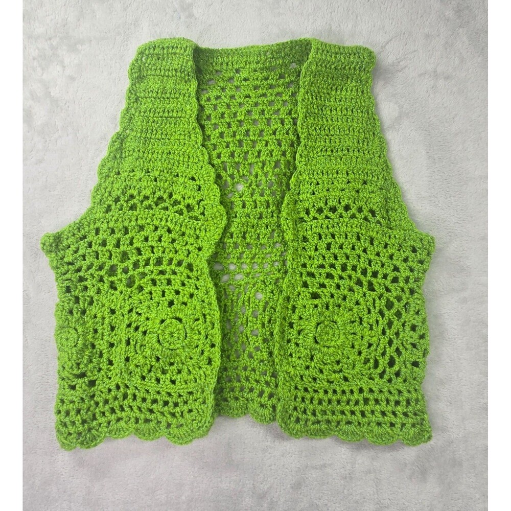 Handmade Crochet Vest Lucky Green Open Knit Sleeveless Boho Cardigan Layering